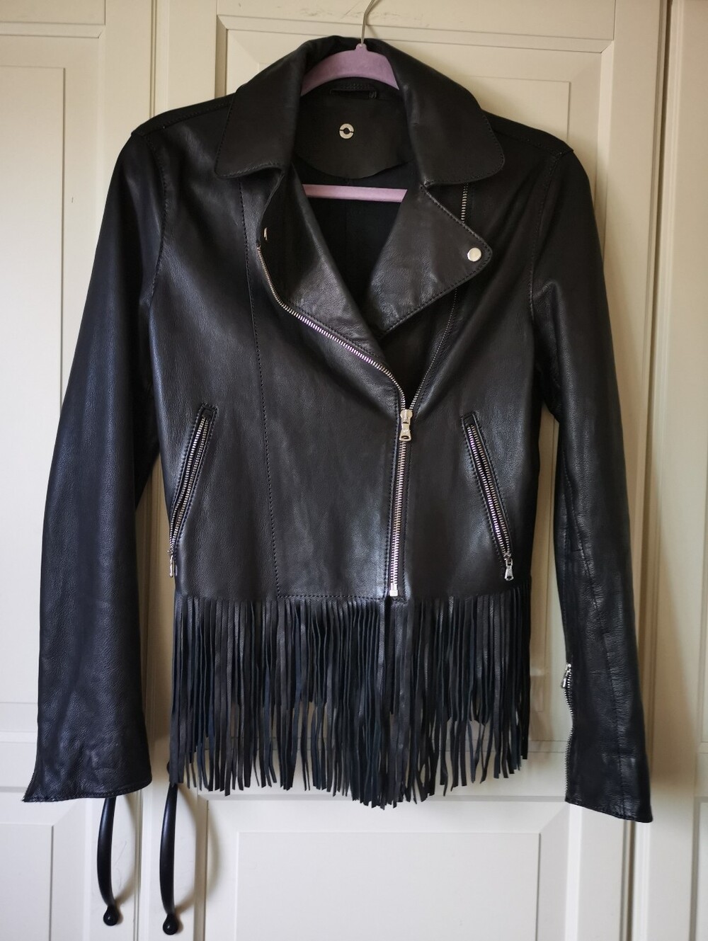 Massimo Dutti Black Genuine Leather Fringe Biker Jacket S